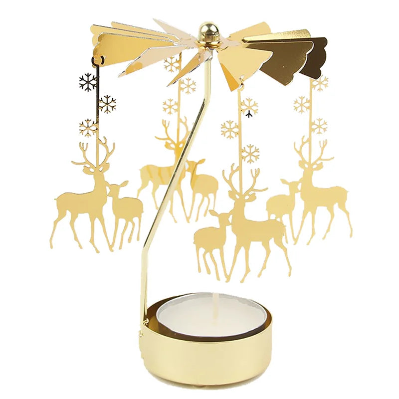 Gold Stainless Steel Metal Rotating Carousel Deer-Snowflake Small Tealight Candleholders