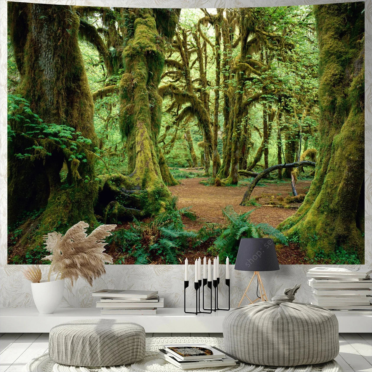 Colorful Green Forest Red Mushrooms Water Flowing Printed Polyester Woven Garden Of Eden Nature Tree Of Life Wall Hanging Tapestries
