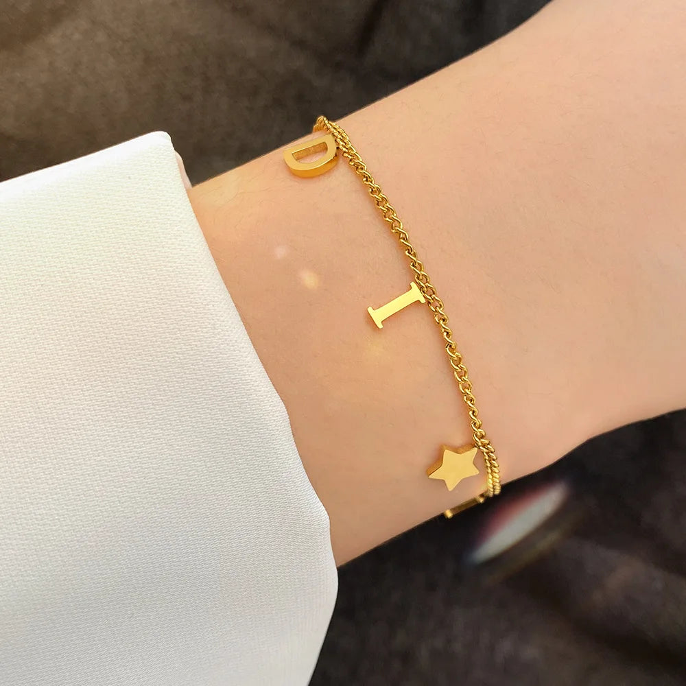 Unisex Korea Imitation Stainless Steel Link Chain Star-Letter Alphabet Charm Bracelets/Colors-Gold/Rose Gold/Silver