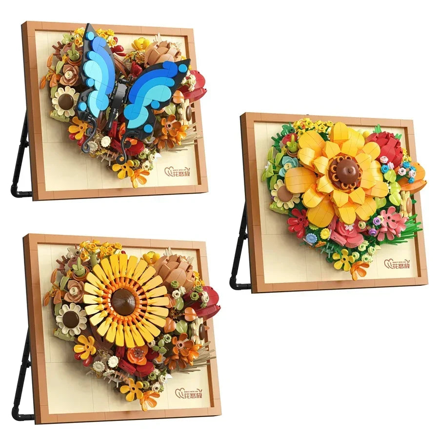 Kids 3D DIY Craft Building Blocks Plastic Picture Frame Mini Brick Trim Heart Shape Flower Wreath Black-Blue Beautiful Butterfly/With Stand On Back Of Frame/Ages: 3-6 Years Older/Yellow/Blue/Black/Floral/Multicolor/Animals