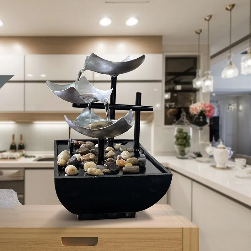 Small Indoor 3-Tiers Metal Silver Squares Pebbles Flowing Water Iron Black Bowl Desktop Fountain