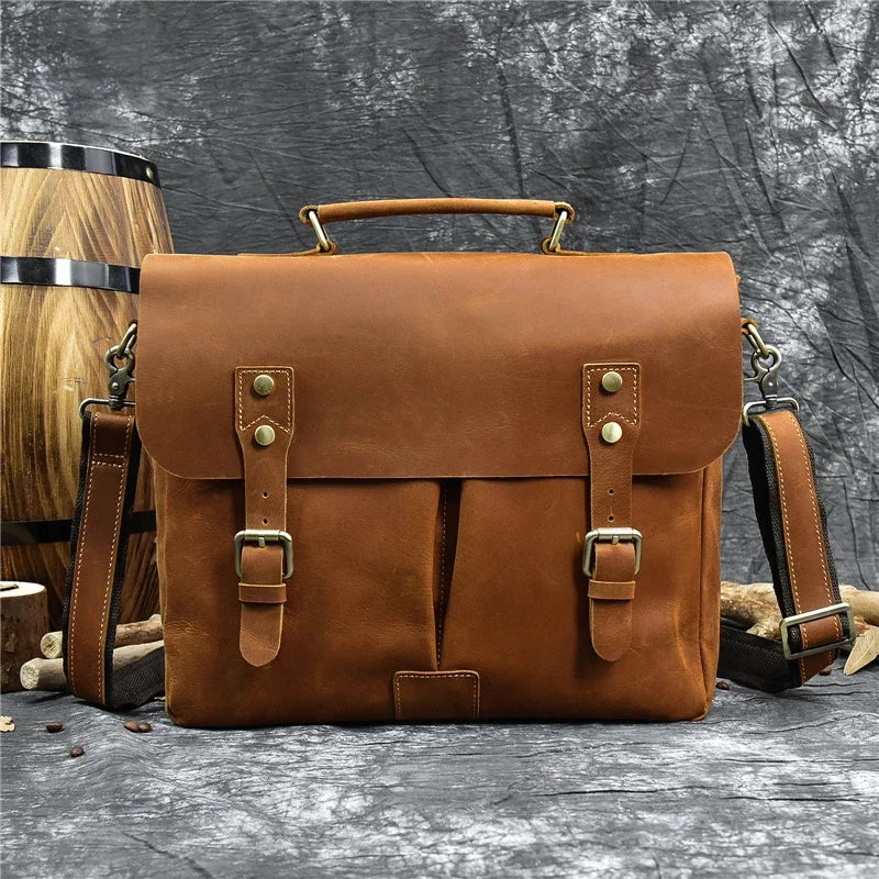 Luufan Brown Men Cow Leather Briefcase Zipper Bags/Handles-Shoulder Straps/Built-In Laptop Compartment/Fits 14 Inch Laptop