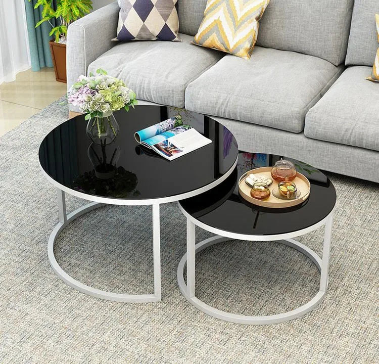 TIEHO Modern 2-In-1 Combination Cafe Black Round Shaped Tempered Glass Tabletop White Iron Metal Frame Base Nesting Coffee Table Sets