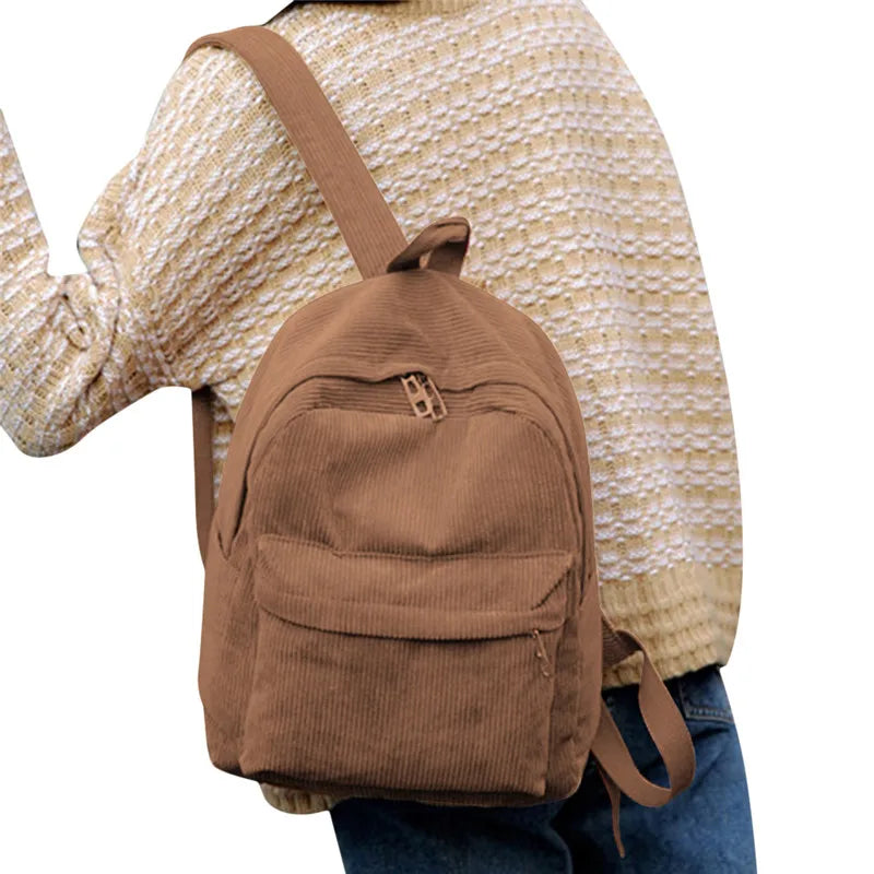 Women Softback Corduroy Interior Zipper Pockets Polyester Mochila Striped Rucksack Backpack Bags/Colors-Gray/Brown/Navy/Black/Blue/White