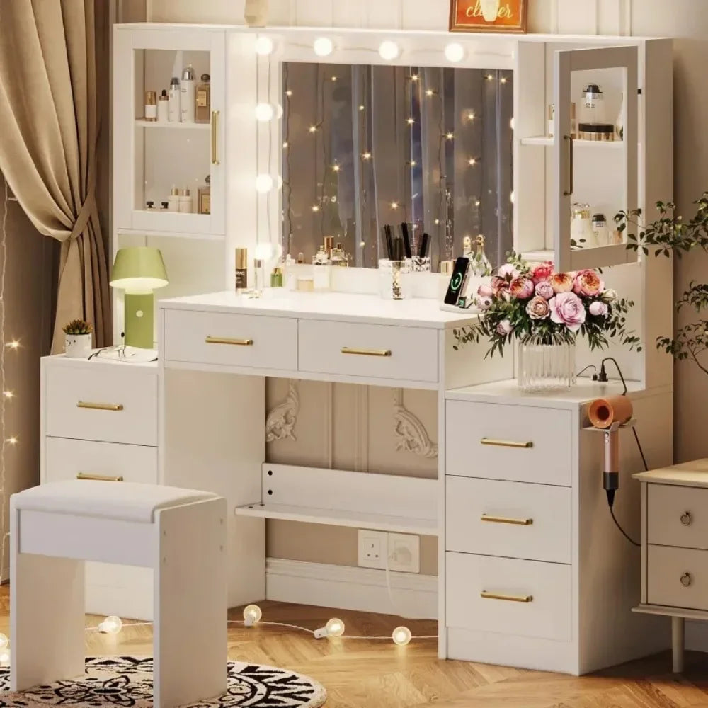 Mirrored Lighted Makeup Desk Set/ 10 LED Lights/8 Metal Sliding Drawers/ 2 Glass Cabinet Doors/2 AC Outlets 125V/ 12A/2 USB Ports 5V/2A/6-Foot Power Cord/Colors-White/Black