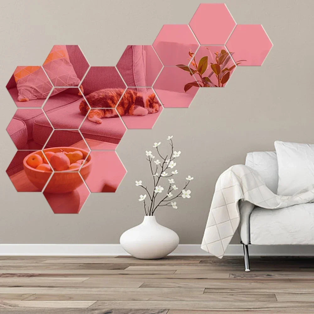 6/12pcs 3D Hexagon Mirror Wall Sticker /Colors-Rose Gold, Blue, Multicolor, Silver, Black, Red, Golden