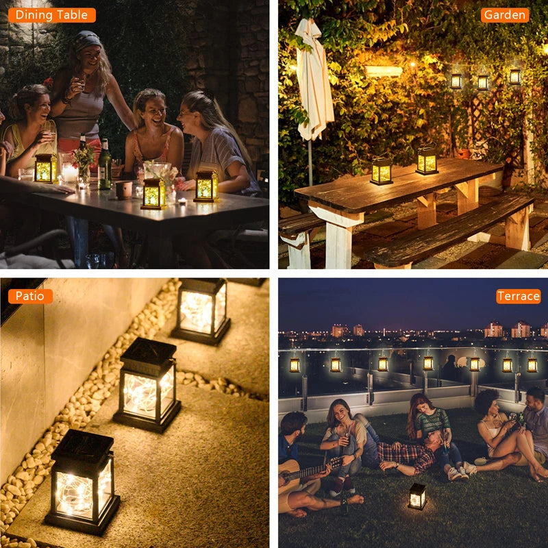 Outdoor SOLAR Warm Black Waterproof Plastic Square LED Lamp Beads Low Power Built-In Energy Storage Palace Lantern Lights/ 1 Handle/ 1 Clip