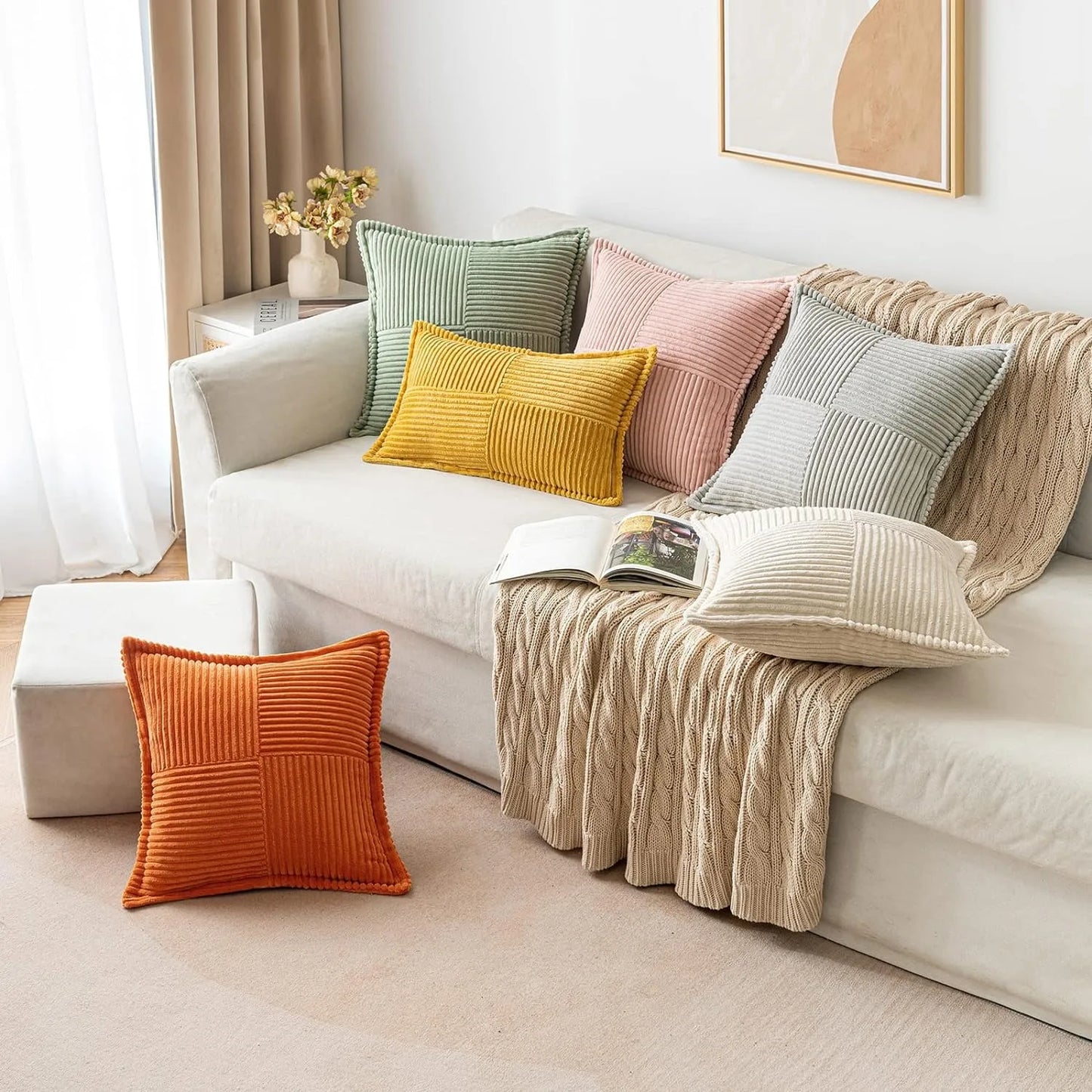 Polyester Corduroy Striped Throw Pillows COVERS/ Concealed Zipper/Colors-Beige/Green/Cream White/ Light Brown/Orange/Dark Green/ Pink/ Red/Black/Gray/Blue Green