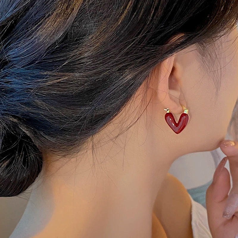 Women Imitation Red Wine Enamel Heart Shaped Tear Drop Gold Copper Earrings