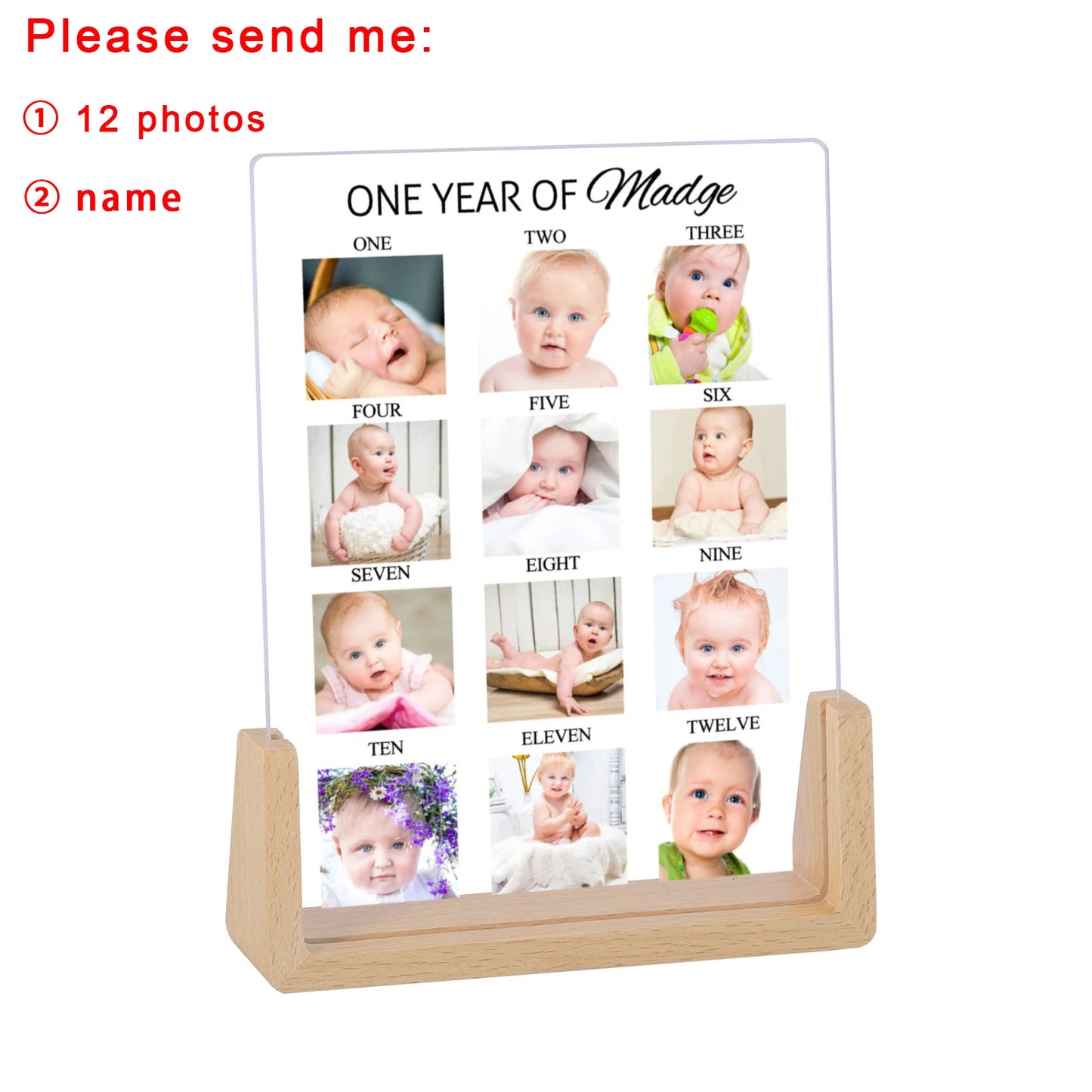 Customized Wood Base Clear Acrylic Plate Rectangle Newborn Babies First Year 12 Photo-Babies Name Display Frames/Colors-Brown/Beige/Clear