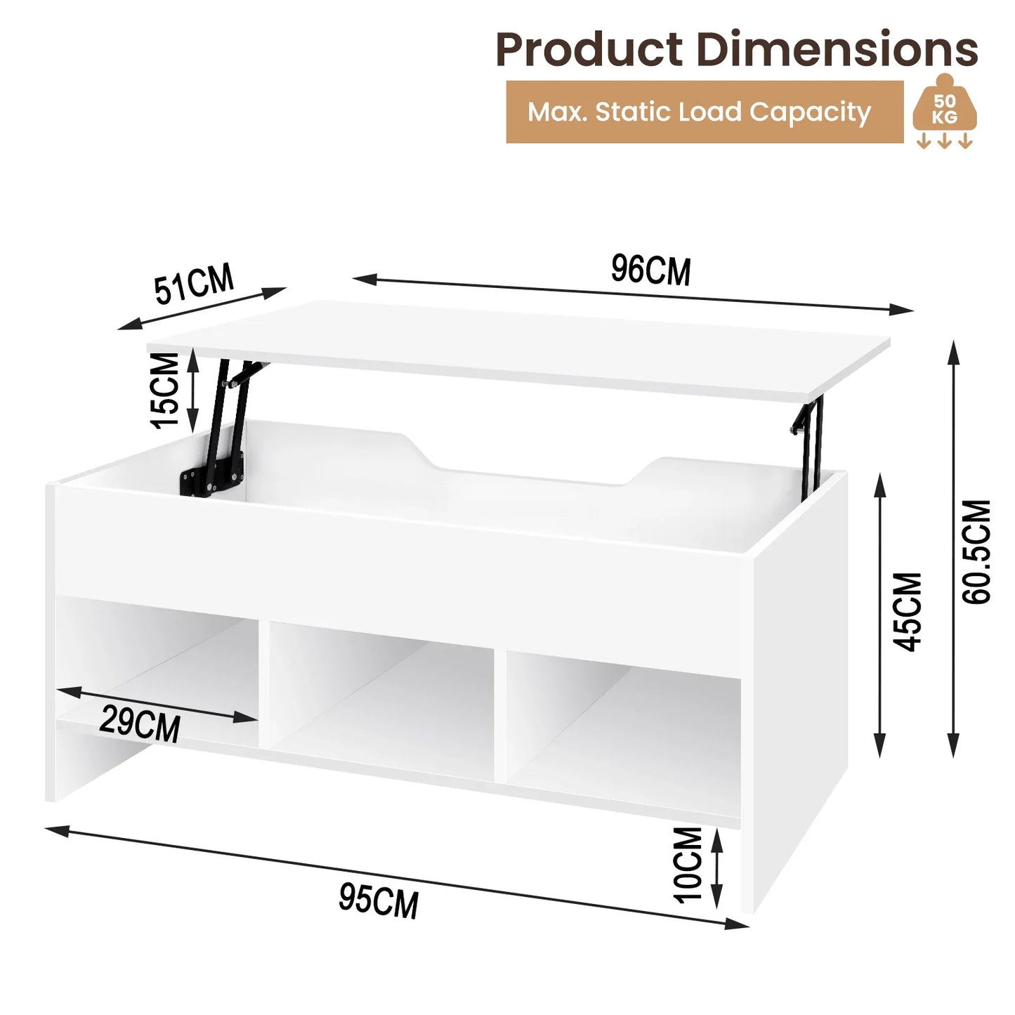 No-EN-Name-Null Modern White Pine Wood Rectangle Height-Adjustable Lift-Up Table-Top Four Large Storage Compartments Coffee Tables