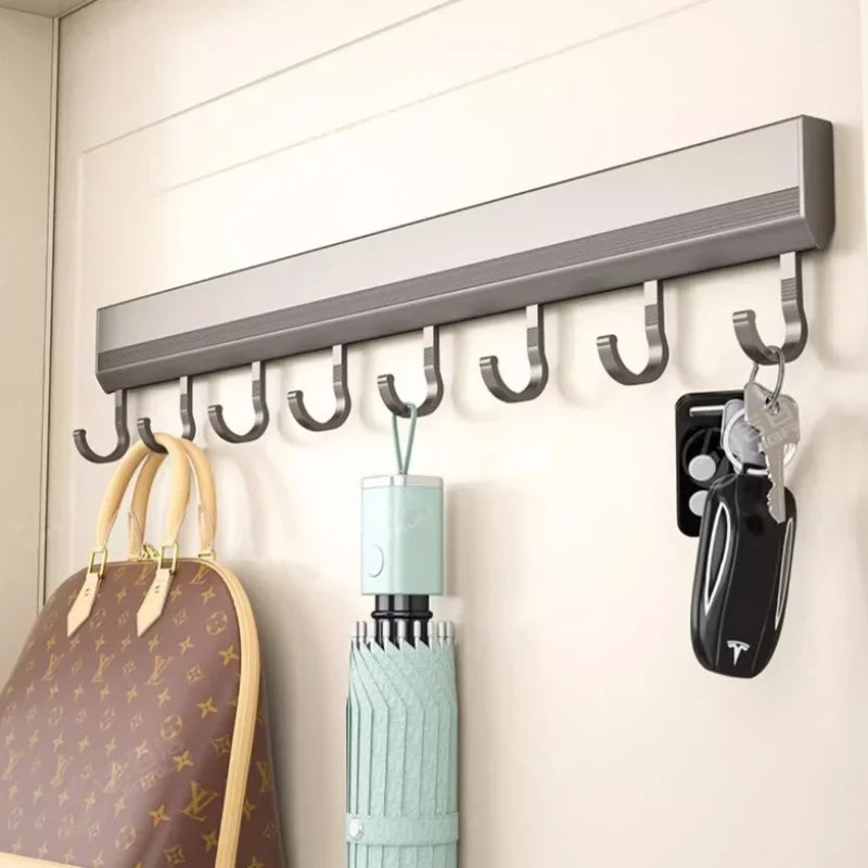 Kitchen Aluminum Wall Mounted Drill-Free Inserted Rubber Ring Hanging 6-8-10 Hooks Utensil Rack/Use Super Glue/Suitable For Smooth Non-Porous Surfaces/Colors-Silver/Gray