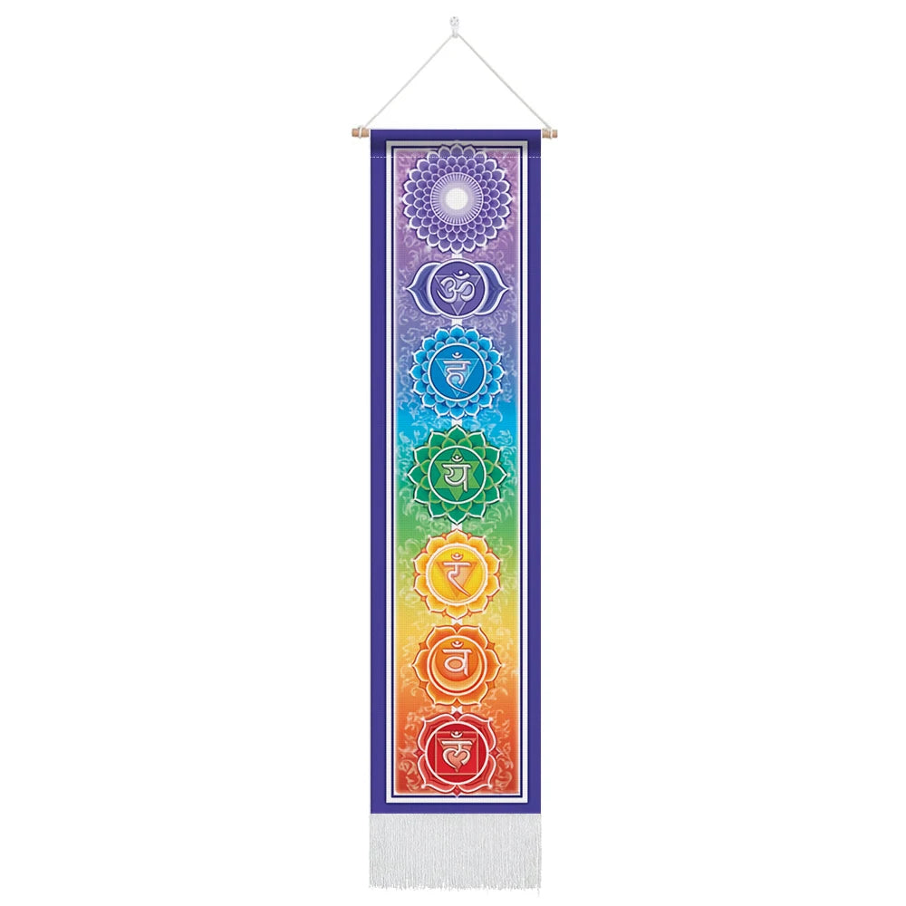 Unisex Rectangle Knitted Cotton-Polyester Blend Printed Soft Fabric 4 Colorful Geometric Chakras Themes Intricated Design Fringed Spiritual Meditation Wall Hanging Tapestries