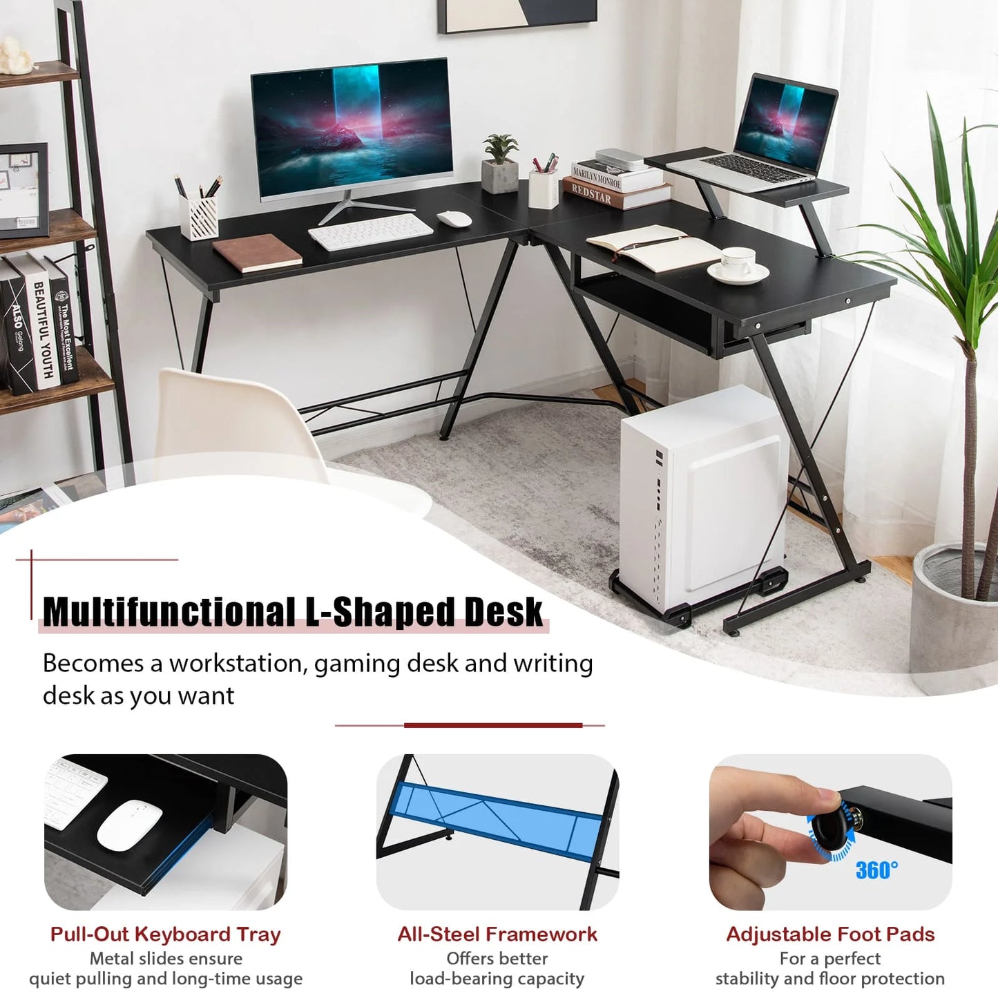 GOFLAME Black Colored L-Shaped Steel MDF Wood Computer Desks/ Movable Host Stand/Dimension of Desk: 130 x 126 x 94 cm (L x W x H)