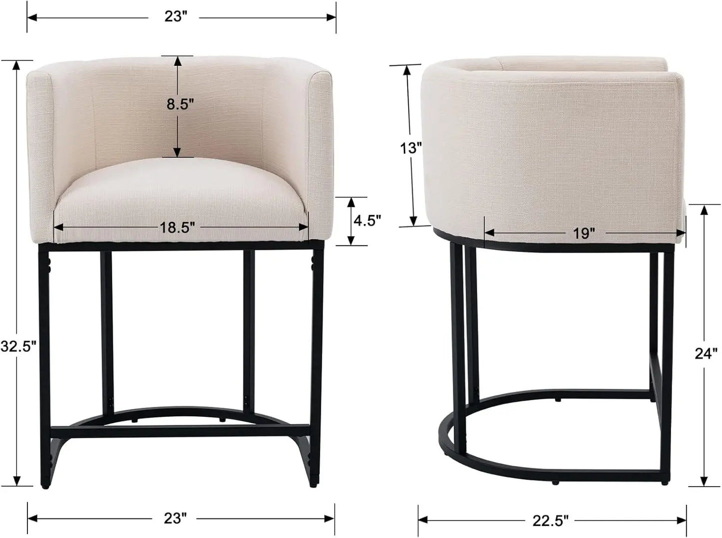 3 pcs Beige Modern Kitchen Steel Frame Base Linen Upholstered Low Curved Back Bar Stools/400 lbs Weight Capacity