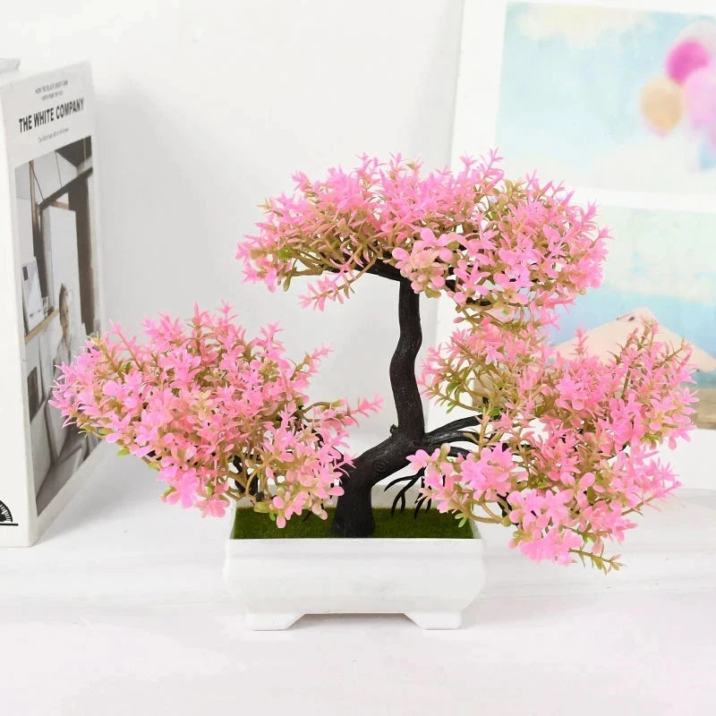 Green Outdoor Plastic Artificial Magnoliopsida Small Floral Bonsai Tree Plants-Rectangle Pot