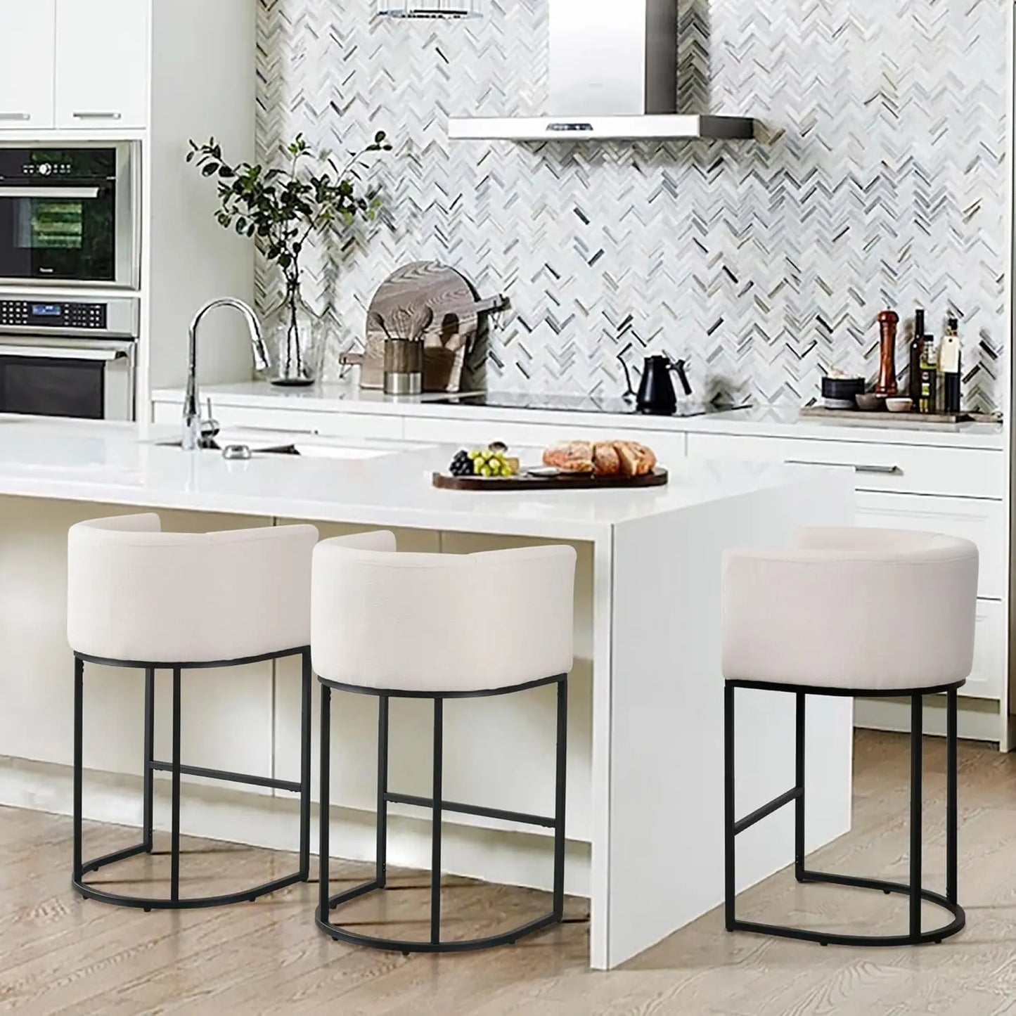 3 pcs Beige Modern Kitchen Steel Frame Base Linen Upholstered Low Curved Back Bar Stools/400 lbs Weight Capacity