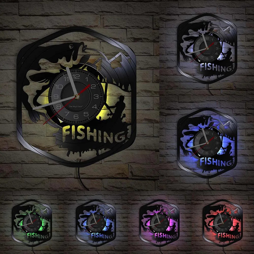 Retro Handmade Plastic Vinyl Record Gone Fishing Silhouette Of Fisherman Catching A Fish With Rod-N-Reel Wall Clocks/Battery Not Included/ 1 AA Battery Size/With-Without LED Light/Colors-Black/Geometric