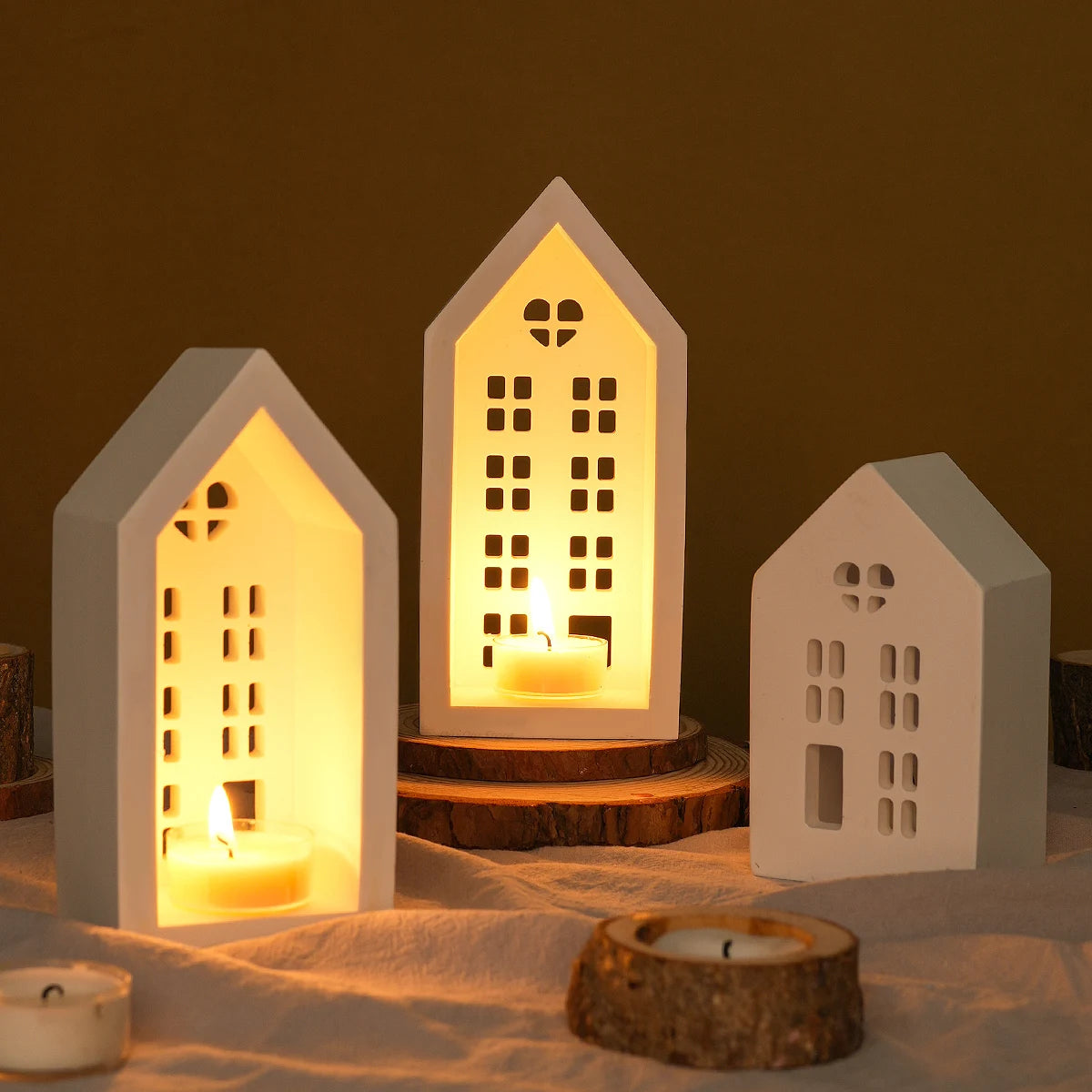 Silicone DIY Handmade Plaster Concrete 3PCS House Shape Candleholder Craft Milky White Molds