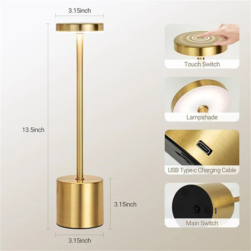 Modern Metal Slim Round Tubular Neck Black-Gold-Sliver Touch Control Battery Powered Three-Color Levels Dimming Desk Lamps/ USB Rechargeable /USB Charging Cord-Included