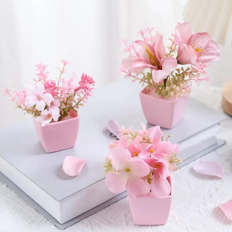 Indoor Pink Floral Artificial Hydrangea Bonsai Flower-Square Pot