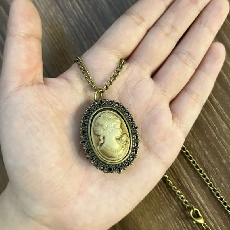 Women Waterproof Quartz Analog Display Vintage Oval Carved Women Hair-Face-Shoulder Cameo Pocket Watch-Chain/Colors-Green/Brown/Yellow