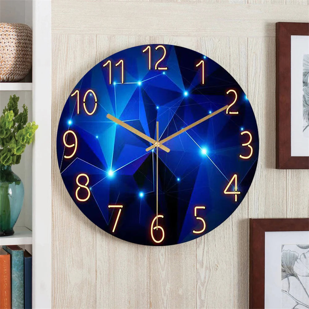 Large Frameless Geometric Single-Face Elements Dark Blue Thickened Tempered Glass Silent Movement Crystal Quartz Wall Clocks