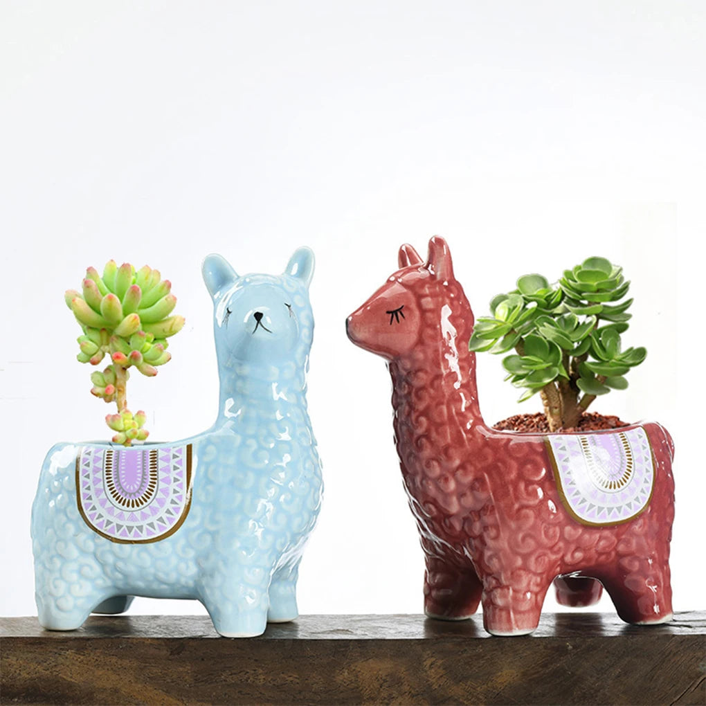 Home Garden Indoor Multicolor Cute Ceramic Alpaca Animal Shape Mini Succulent Planter Pots/Colors-Geometric/Multicolor/Blue/Animals