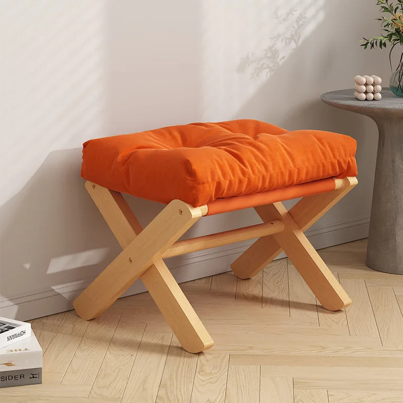 Small Solid Wood Foldable Low Foot Stools w/ Upholstery Cotton Cushion/Colors-Orange/White/Brown/Gray