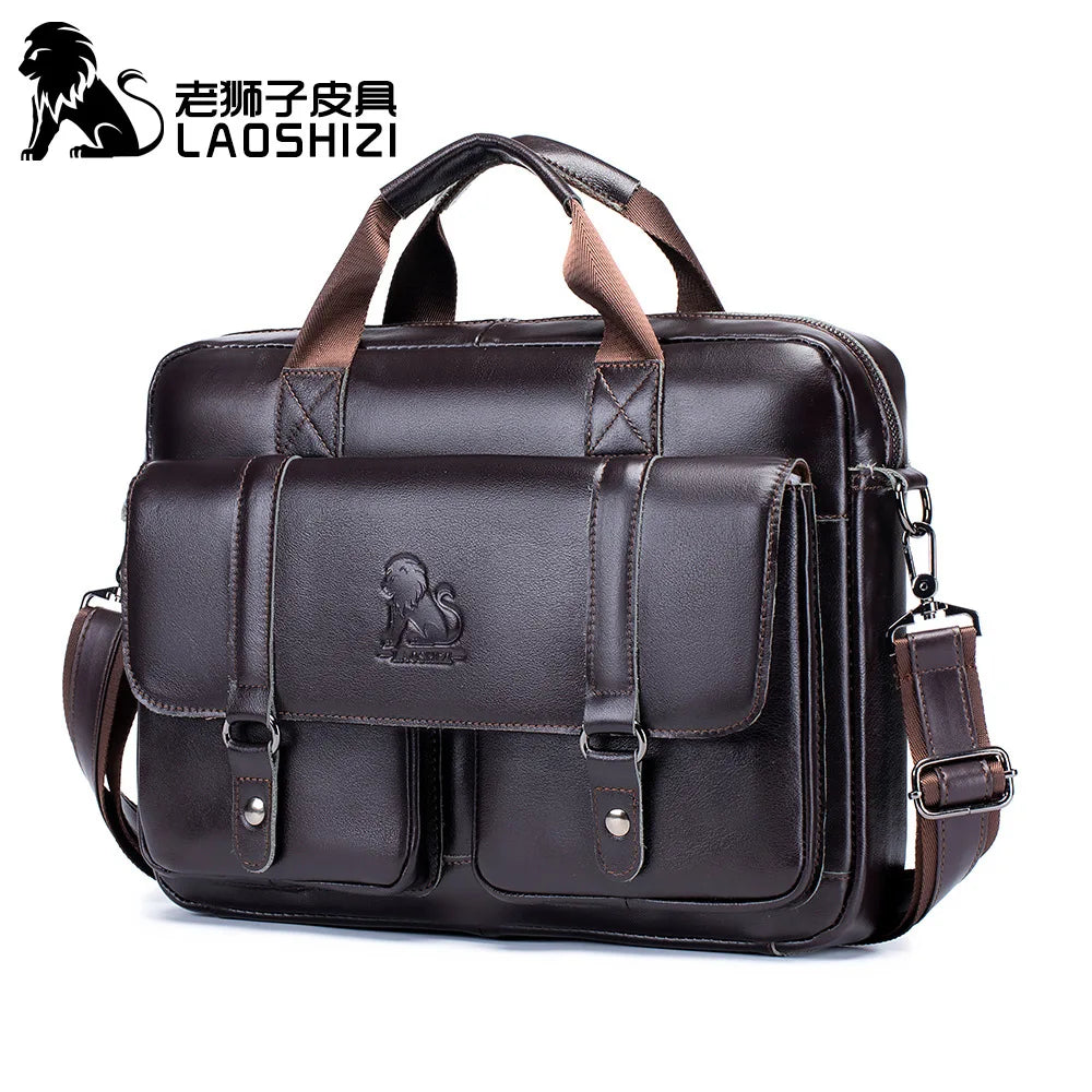 Men Flap Pocket Cow Leather Zipper Briefcase Polyester Bags/ Crossbody Shoulder Straps-Handles/Fits 14 Inch Laptop/IPAD 13.3 Inch Tablet/External Pockets/Built-In Compartments/Colors-Black/Brown