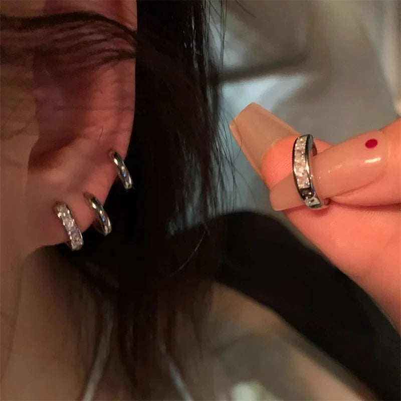 Women 4 PCS /Set Imitation Copper Silver Stainless Steel Aesthetic Zircon Crystal Hoop Earrings
