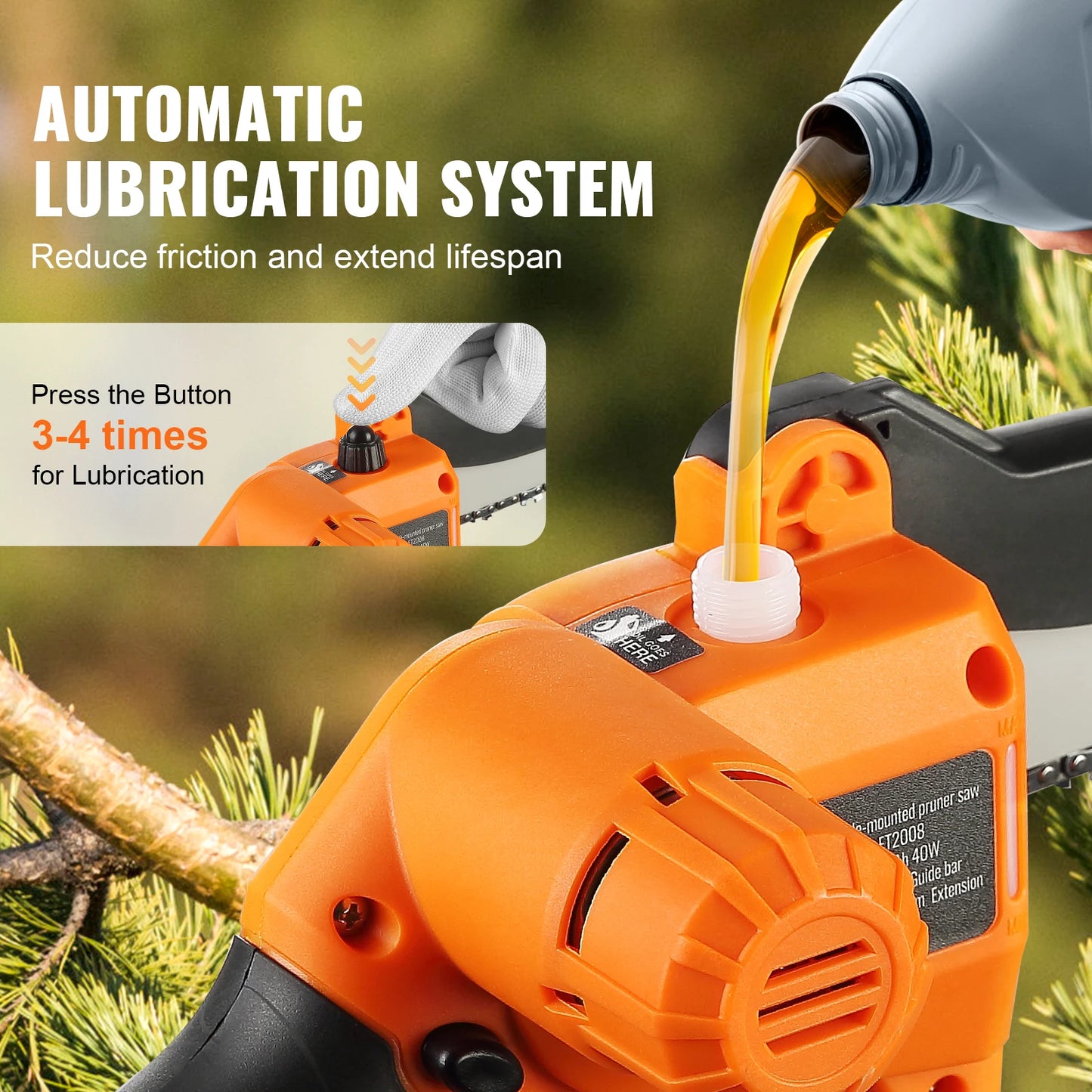 VEVOR Outdoor DC-Powered Rechargeable Battery-Powered 2-in-1 Cordless Orange-Black-Silver Pole Saw-Mini Woodcutting Chainsaw Sets/Outdoor Battery Charger/20V 2Ah Battery/Colors-Orange/Black/Silver