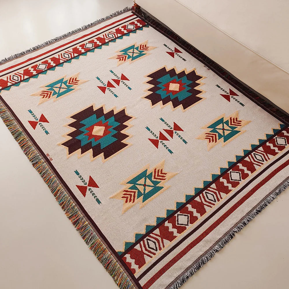 Jacquard Boho Rectangle Polyester-Cotton Oversized Aztec Native American Geometric Double-Sided Blanket Fringed Tapestries