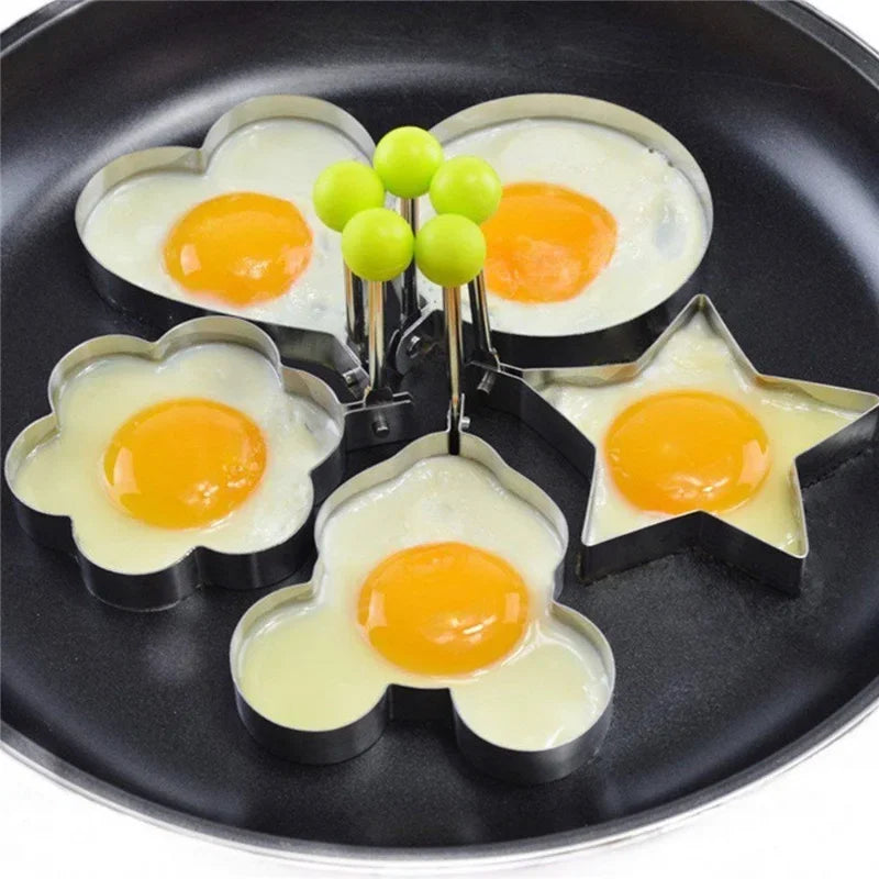 Kitchen 5 PCS Set Silver Stainless Steel Round-Heart-Flower-Five-Pointed Star-Mouse Shaped Egg Mold Inward Handle Round Light Green Ball Rings