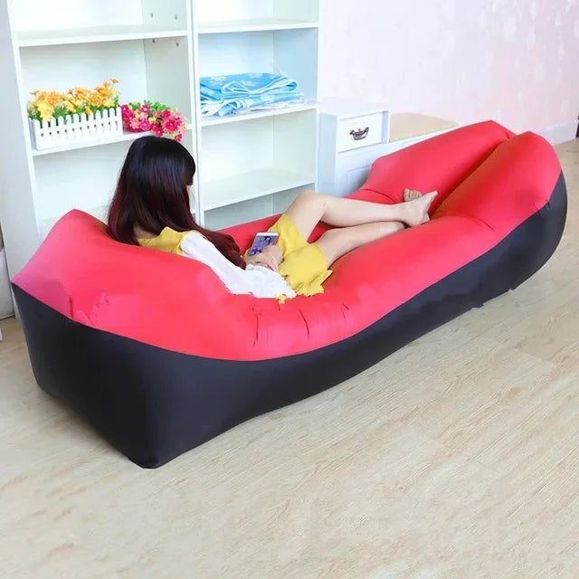 Outdoor Waterproof Inflatable Banana Shaped Oxford Cloth Polyester Fabric Lazy Pillow Air Sofa /Size: 200 x 240x 70cm/Weight Limit 400 kg (881 lbs)/Colors-Blue/Black/Brown/Beige/Gray/Geometric/Green/Multicolor