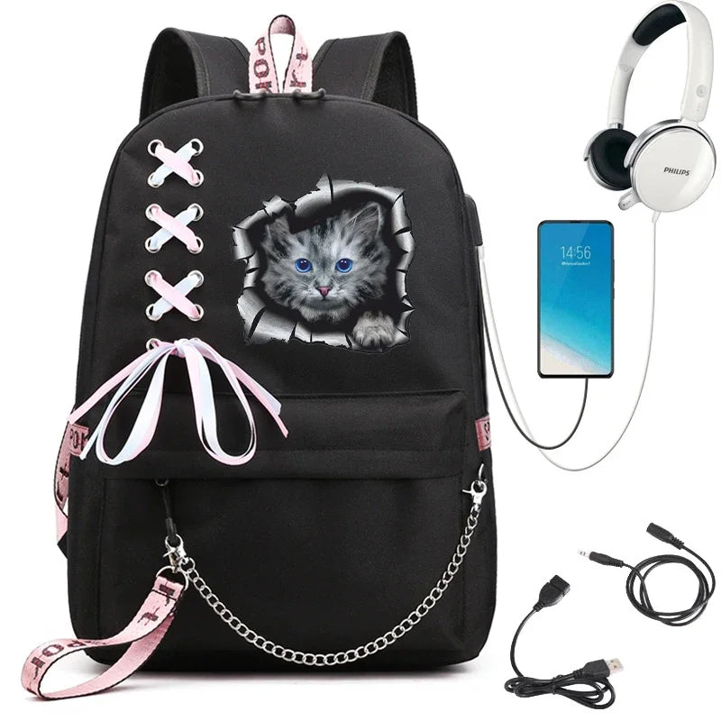 Decorative White Bow Canvas Nylon Printed Kawaii Cat Curved Back Support Zipper Black Backpacks/USB Charging/Built-In Laptop Compartment/Back Straps-Handle