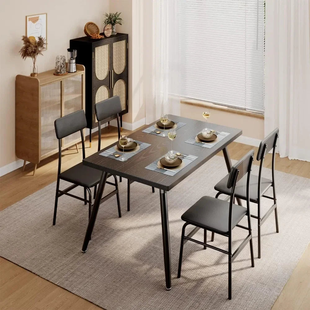 Kitchen Metal Framed Small Dining Table Set w/4 PU Leather Cushion Chairs/Anti-Slip Foot Pads/Colors-Black/Gray/Brown/Dimensions L x W x H: 44.88 x 29.52 x 29.52 inches