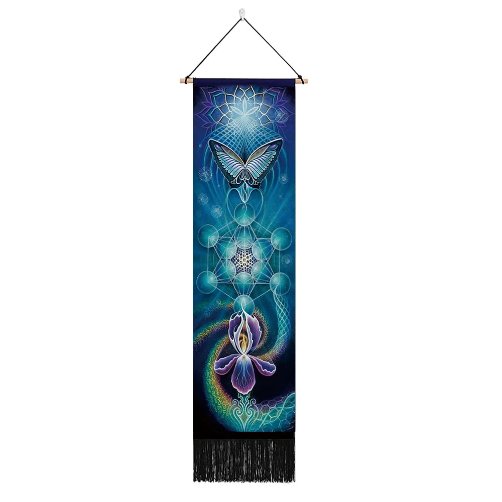 Unisex Rectangle Knitted Cotton-Polyester Blend Printed Soft Fabric 4 Colorful Geometric Chakras Themes Intricated Design Fringed Spiritual Meditation Wall Hanging Tapestries