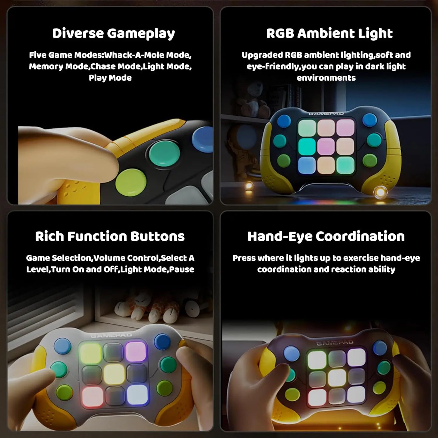 Plastic 999 Levels 7 Colors Addictive Hand-Eye Electronic Memory Fast Silicone Push Button Handheld Gamepad Consoles Interactive Fidget Toys/Ages: 3-18 Years Old Adults/Colors-Black/Yellow/White/Multicolor/Animal