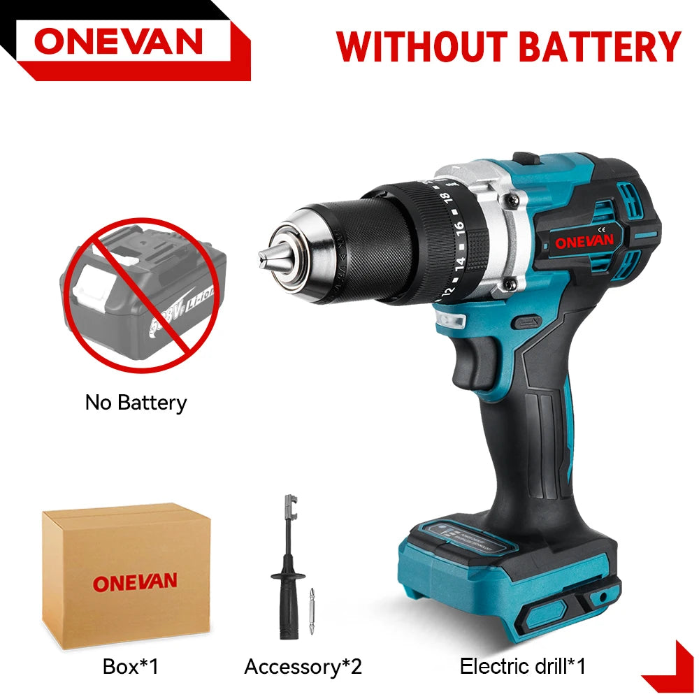 ONEVAN Multicolor Body Metal Keyless Drill Chuck Rechargeable Battery-Powered Cordless Brushless Adjustable Speed-Torque Built-In Lighting Electric Impact Drills Sets/Colors-Black/Blue/Silver/Green/Gray/Multicolor