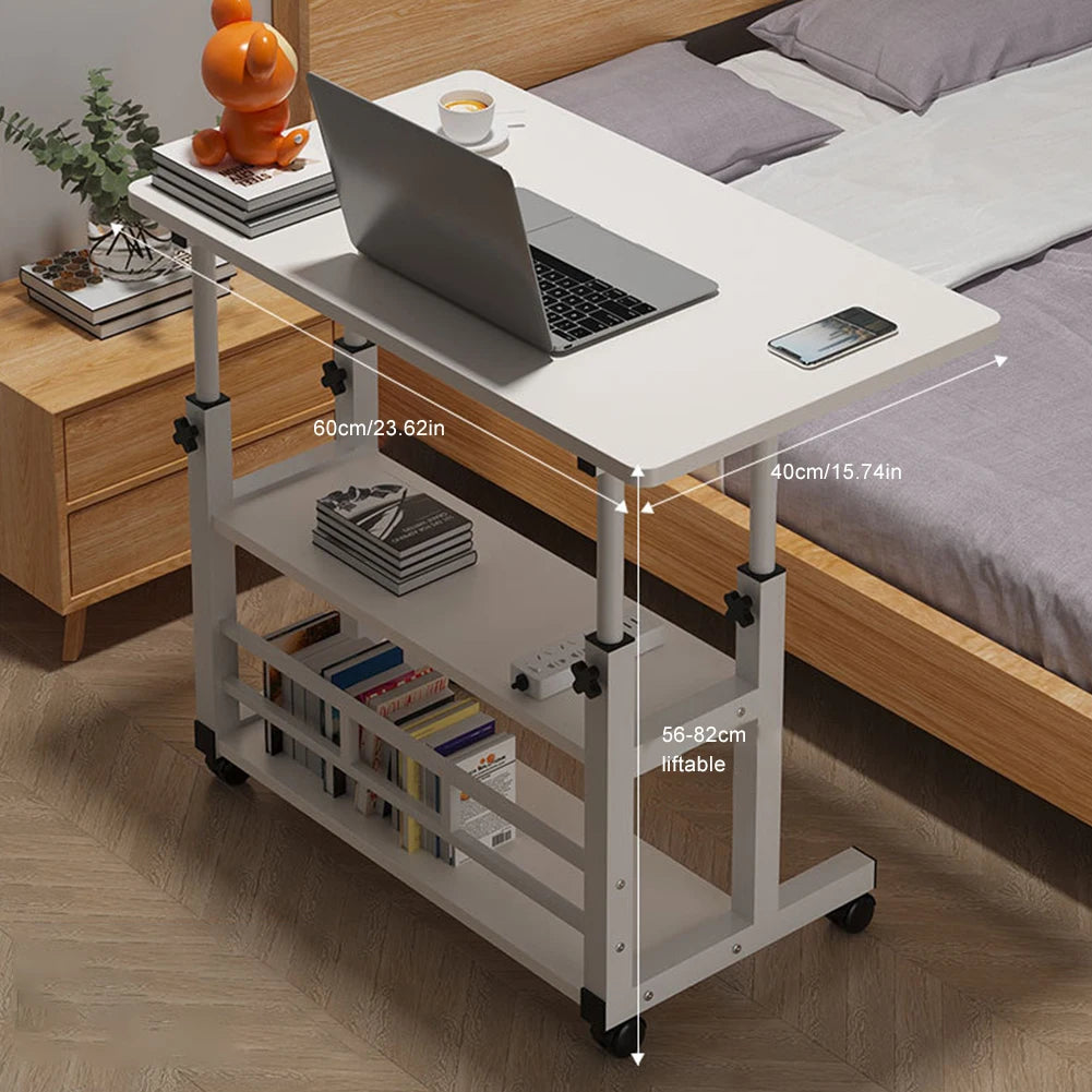 No-EN-Name-Null Modern Adjustable Height Wood Panel High-Gloss Smooth Finish Rectangle Shaped Top Welded Metal Frame Retractable Two Shelves Layers Mobile Bedside Computer Desks/4 Wheels