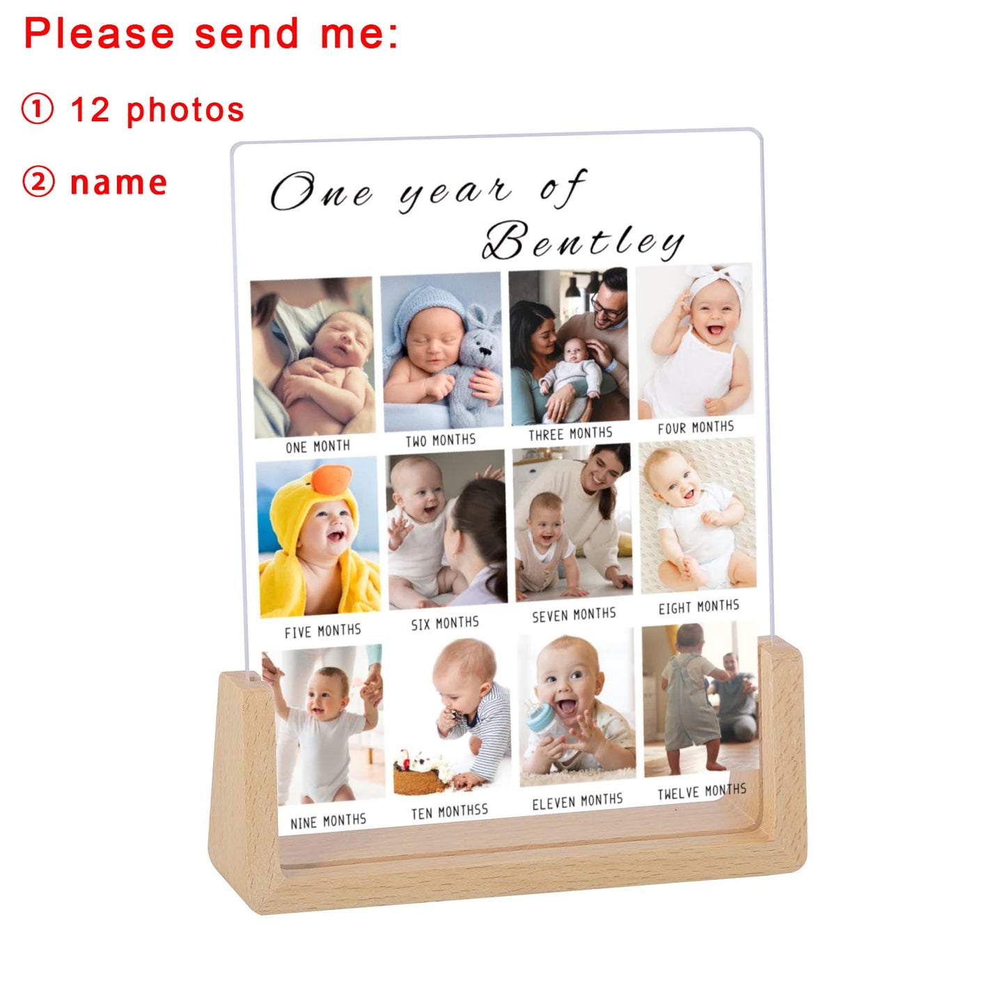 Customized Wood Base Clear Acrylic Plate Rectangle Newborn Babies First Year 12 Photo-Babies Name Display Frames/Colors-Brown/Beige/Clear