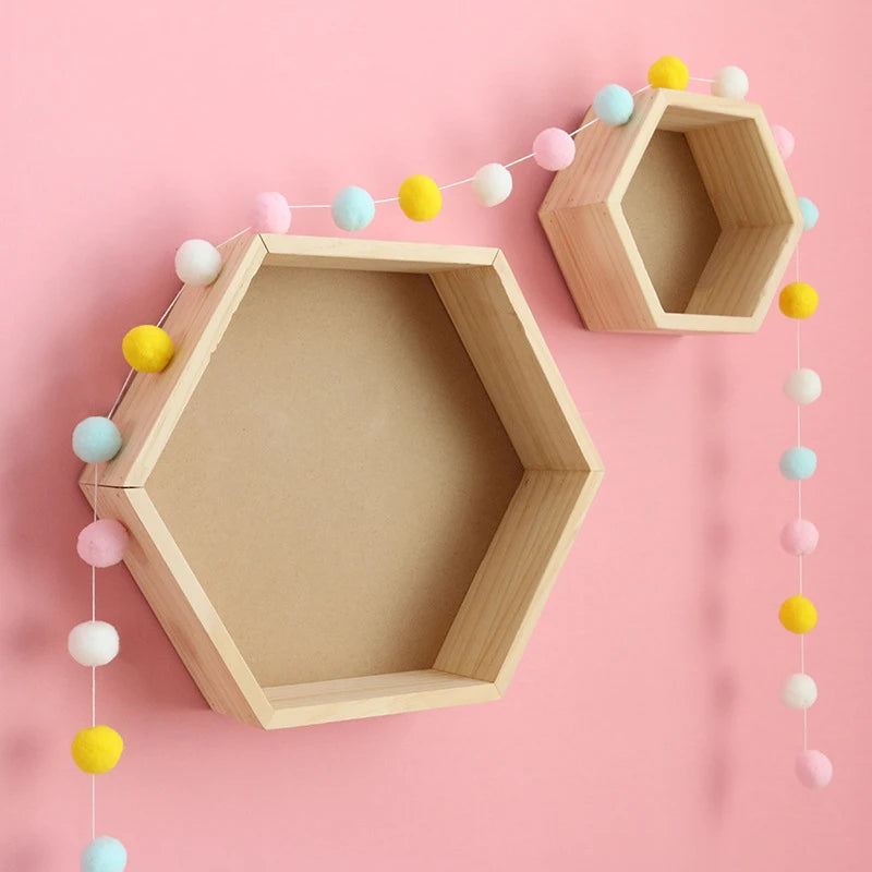 2 PCS Set Kids Wood Wall Mounted Hexagon Shaped Floating Shelves/Colors-Beige/Yellow/Pink/Green