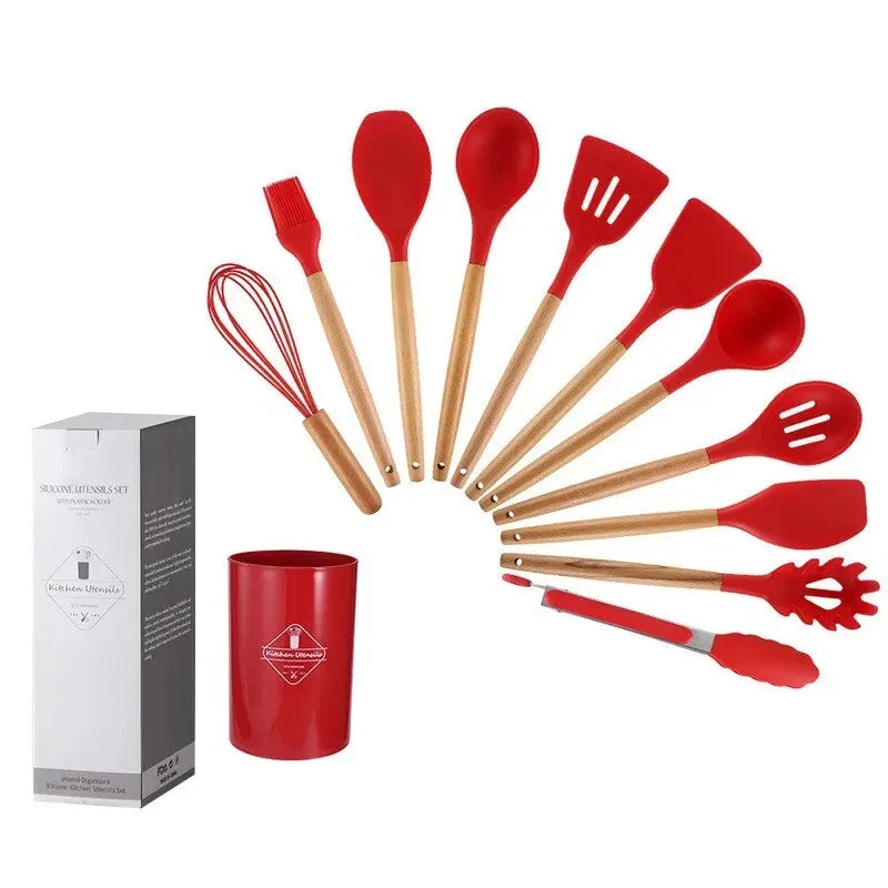 Kitchen 12 PCS Set Green Heat Resistant Non-Stick Silicone Tips Wood Handles Utensils-Storage Bucket/Colors-Blue/Red/Black/Green/Multicolor