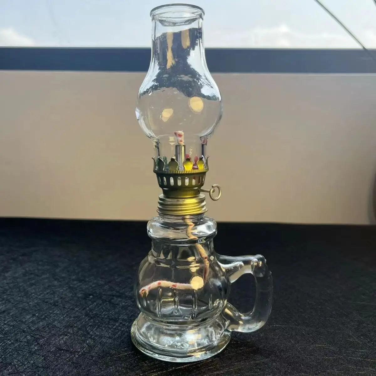 Indoor Desktop Windproof Mini Glass-Metal Kerosene Oil Lamps/Glass Lampshade/Removable Wick /Color-Transparent/Green