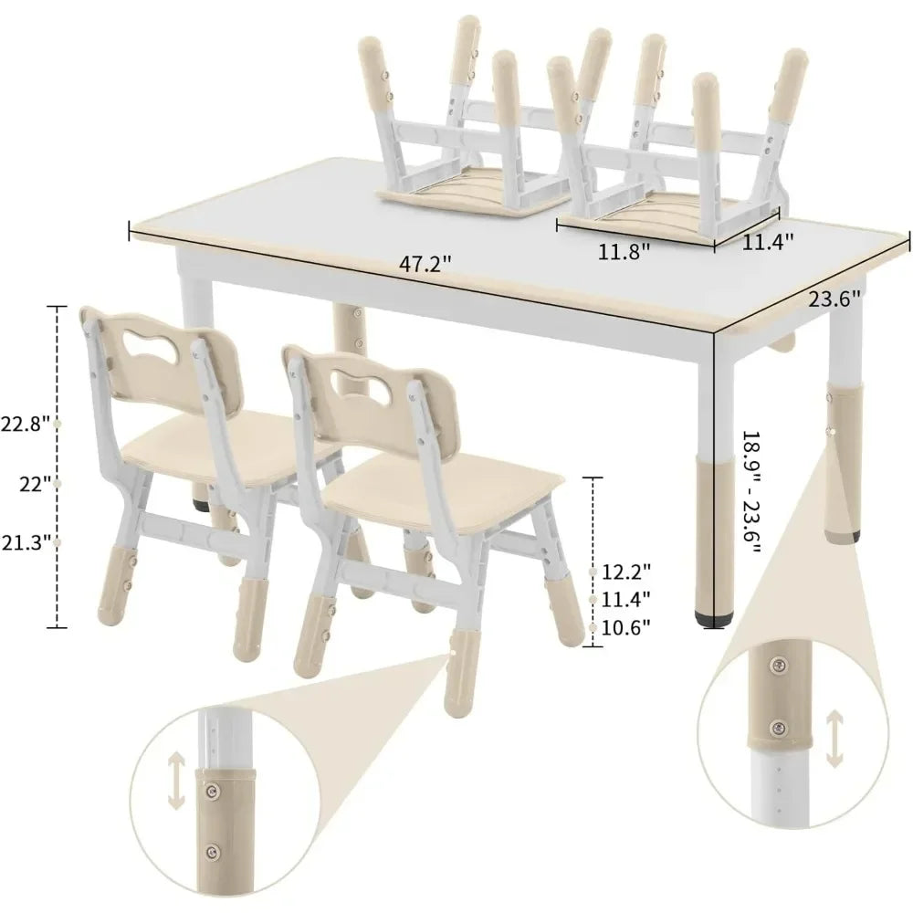 4 pcs White HDP Rectangle Toddler Height Adjustable Table/ 4 Chairs Set/Colors-Beige/White