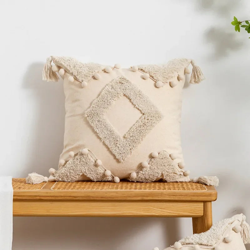 Tufted Beige Embroidered Linen /Polyester Tasseled Throw Pillows /Sizes -45 x 45cm /30 x 50cm