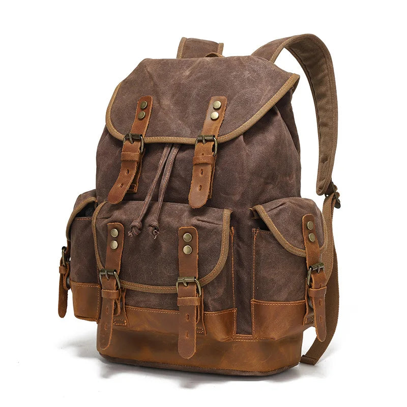 Unisex Military Hiking Interior Zipper Canvas Leather Polyester Over Flap-Belt Design Backpacks/Single Laptop Compartment/ Shoulder Strap/Handles/Interior Pockets-External Pockets/Colors-Green/Gray/Brown/Black/Animal