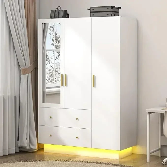 4 Door Armoire Mirrored Wardrobe Closet w/ 2-Way Remote Control LED Lighted Armoire/ 2 Drawers/Colors-White/Purple/Black/Dimensions: 19.7"D x 47.2"W x 70.1"H