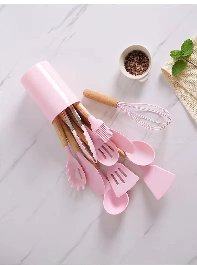 Kitchen 12 PCS Set Heat Resistant Non-Stick Silicone Tips Wood Handles Cooking Utensils-Storage Bucket/Colors-Colors-Green/Red/White/Gray/Pink/Black/Multicolor